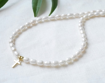 Gold cross freshwater pearl necklace | Christian charm choker | Religious gift for her | Real pearl necklace with dainty small gold cross