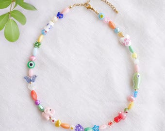 Fun mixed beads necklace - colorful beaded candy choker, quirky whimsical summer jewelry, multicolor pastel fish elephant gift for her