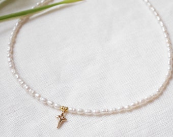 Freshwater pearl necklace | North star pendant choker | Small real pearls with star charm | Dainty light-weight cute gold zircon jewelry