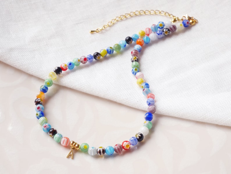 Millefiori initial necklace Colorful necklace with a letter charm Glass bead beaded choker Custom personalized jewelry gift for her image 4