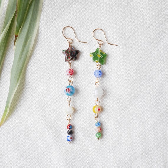 Boucles D'oreilles Pendantes Avec Perles Millefiori Et Cristal - Plaqué Or, Livrées Dans Un Sac En Organza