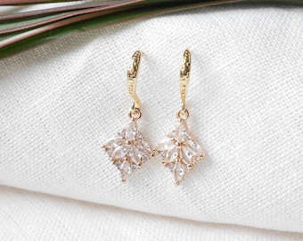 Art deco drop earrings - 1920s vintage style jewelry, gold bridal cubic zirconia victorian dangle, dainty romantic gift for her