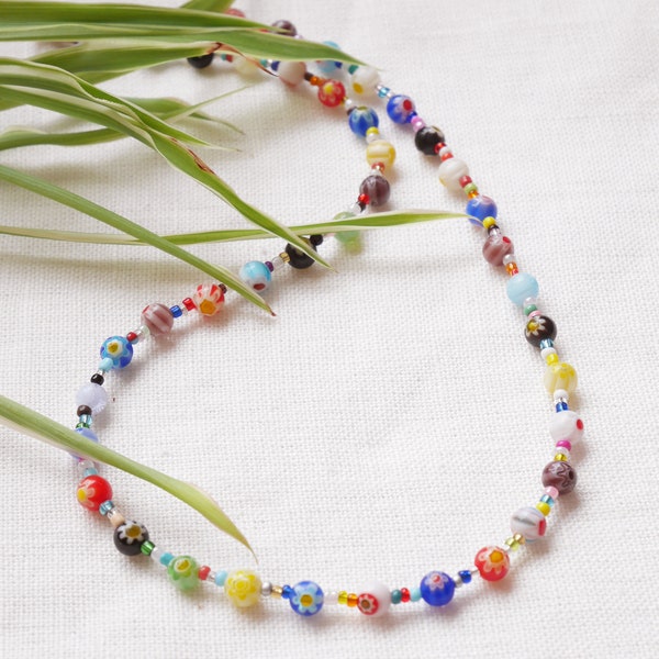 Millefiori beaded necklace | Colorful glass choker | Flower bead jewelry | Handmade multicolor with floral rainbow colored beads for women