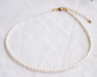 Tiny freshwater pearls necklace - small mini beads choker, boho minimalist, dainty beaded jewelry gift for her