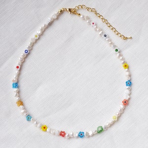 Pearl flower necklace Colorful pearl necklace Beaded white and colorful flowers necklace with floral glass beads and genuine pearls image 3