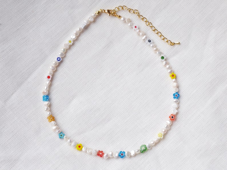 Pearl flower necklace Colorful pearl necklace Beaded white and colorful flowers necklace with floral glass beads and genuine pearls image 3