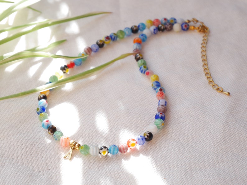Millefiori initial necklace Colorful necklace with a letter charm Glass bead beaded choker Custom personalized jewelry gift for her image 1