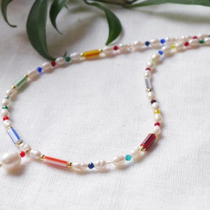 Striped beads necklace Multicolor stripe pattern choker Cute freshwater pearl jewelry gift with colorful glass beads and pearl pendant image 7