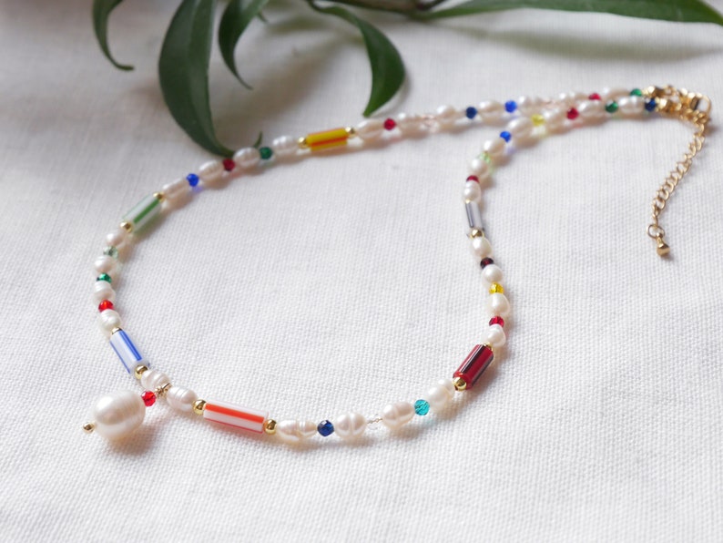 Striped beads necklace Multicolor stripe pattern choker Cute freshwater pearl jewelry gift with colorful glass beads and pearl pendant image 7