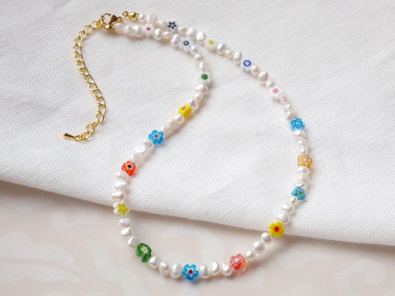 Pearl flower necklace Colorful pearl necklace Beaded white and colorful flowers necklace with floral glass beads and genuine pearls image 1