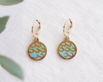 Wave earrings - small gold disc drop hoop earring, bohemian style surfer jewelry, minimalist ocean charm, gift for her