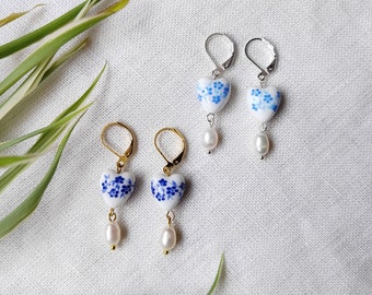 Blue porcelain earrings | Cute blue heart ceramics earring | Freshwater pearl drop earrings | Floral blue chinoiserie jewelry gift for her