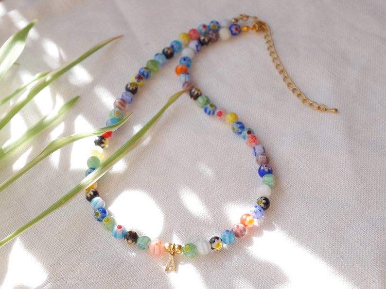 Millefiori initial necklace Colorful necklace with a letter charm Glass bead beaded choker Custom personalized jewelry gift for her image 5