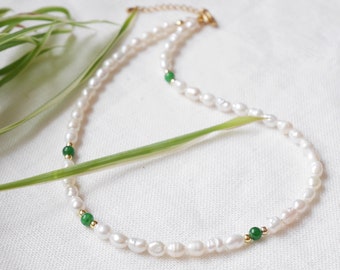 Green jade pearl necklace | Green gemstone white freshwater pearl choker | Cute green and white beaded jewelry with irregular shape pearls