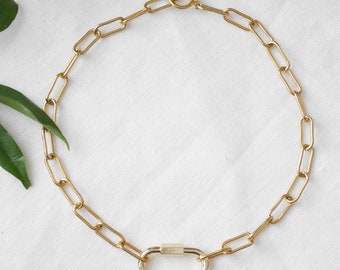 Chunky carabiner necklace - gold paperclip chain choker, front screw-lock clasp jewelry gift for her