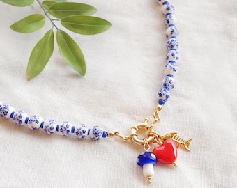 Blue and white custom charm necklace - porcelain beads choker, unique personalized carabiner jewelry gift for her, mum, Christmas, friend