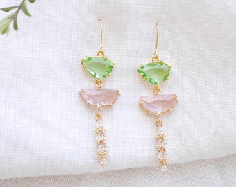 Green pink dangle earrings - bridal glass jewelry, zircon wedding accessory, gift for her