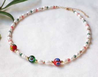 Pearl striped bead necklace | Colorful beaded choker | Handmade Venetian Murano glass jewelry with freshwater pearls and stripe pattern bead