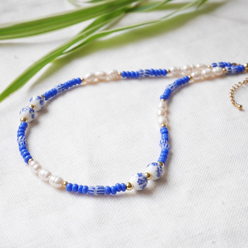 Blue porcelain bead necklace Summer seed bead choker Cute blue and white necklace with real pearls Flower ceramic jewelry gift idea image 6