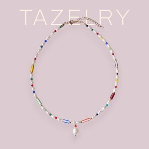 Gestreifte Perlenkette Mehrfarbiger Streifen Muster Choker Süßwasserperlen Geschenkkette mit bunten Glasperlen und Perlenanhänger Bild 6