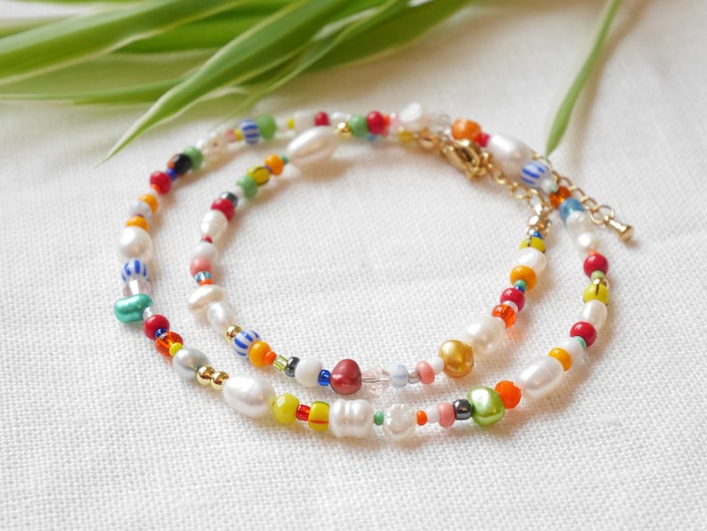 CARNIVAL mixed beads necklace Colorful beaded choker in bright colors Handmade multicolor freshwater pearl and seed bead jewelry for her image 1