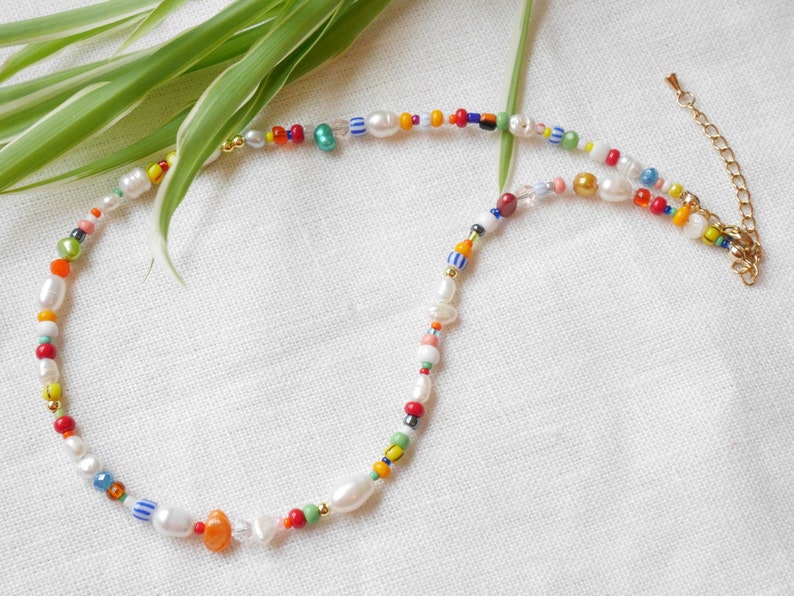 CARNIVAL mixed beads necklace Colorful beaded choker in bright colors Handmade multicolor freshwater pearl and seed bead jewelry for her image 6
