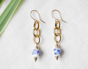 Blue and white porcelain earrings | Ceramic gold chain dangle earrings | Rolo chain earring | Cute elegant chinoiserie jewelry gift for her