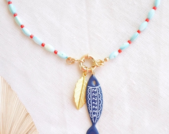 Turquoise red charm necklace  - Spring ring carabiner choker, personalized fun shell bead summer jewelry gift for her