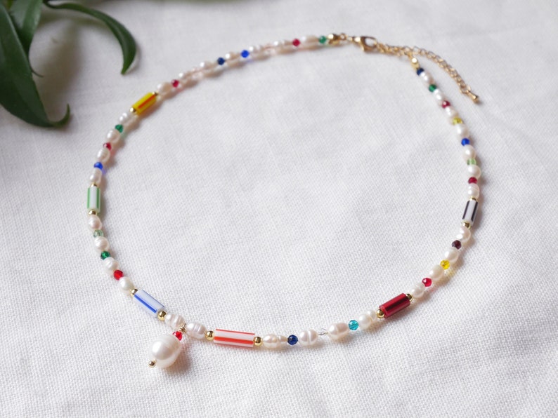 Striped beads necklace Multicolor stripe pattern choker Cute freshwater pearl jewelry gift with colorful glass beads and pearl pendant image 3