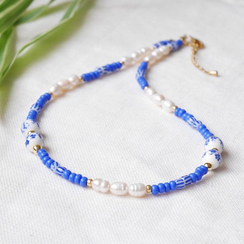 Blue porcelain bead necklace Summer seed bead choker Cute blue and white necklace with real pearls Flower ceramic jewelry gift idea image 3