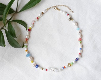 Colorful freshwater pearl necklace | Chunky multicolor beaded choker | Pearls and beads necklace | Funky cute mixed beads jewelry for her