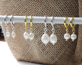 Freshwater pearl huggie hoop earrings | Simple pearl earrings | Genuine pearls round hoop earrings  Classic cute jewelry gift for woman