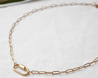 Carabiner necklace - paperclip chain choker, gold lock jewelry gift for her