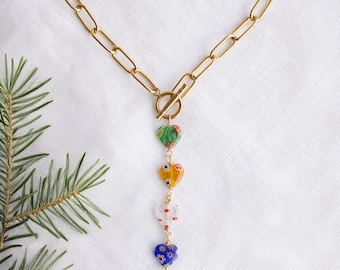 Colorful hearts lariat necklace - Y shape millefiori beads choker, front toggle clasp, summer jewelry gift for girlfriend, wife, daughter