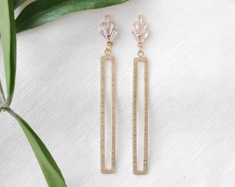 Art deco rectangle brass earrings | Long geometric dangle earrings | Vintage style minimalist jewelry | Beautiful earrings gift for her