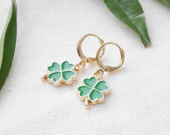 Four leaf clover earrings - huggie hoop lucky charm jewelry gift for her