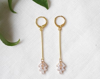 Art deco bar earrings | Fan shape minimalist jewelry | Zircon charm dangle earrings | Dainty long gold earrings | Cute birthday gift for her