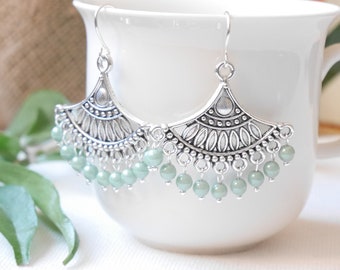 Mint green boho earrings | Bohemian statement earrings | Vintage style large fan shape cute jewelry gift for her in beautiful antique silver