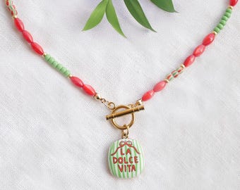 La dolce vita necklace - shell seed bead choker, green red charm, gift for free spirit, fun colorful jewelry