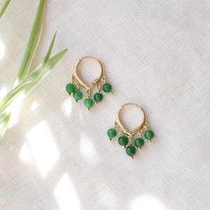 Green jade hoop earrings | Round green stone earrings | Dainty hoops with five natural stone beads | Minimalist cute unique jade jewelry