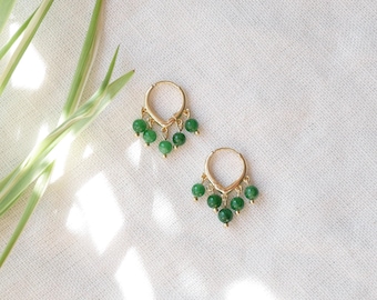 Green jade hoop earrings | Round green stone earrings | Dainty hoops with five natural stone beads | Minimalist cute unique jade jewelry