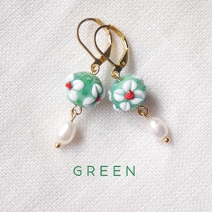 Flower pearl earrings | Green flower drop earrings| Glass earrings with real pearls | Colorful earrings | Dainty floral jewelry for her