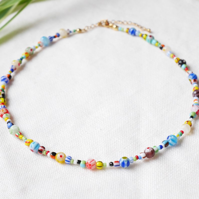 Millefiori seed bead necklace Colorful glass bead choker Happy summer beaded jewelry Multicolor unisex necklace gift for him or her image 1