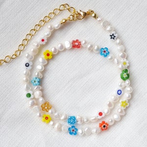 Pearl flower necklace Colorful pearl necklace Beaded white and colorful flowers necklace with floral glass beads and genuine pearls image 4