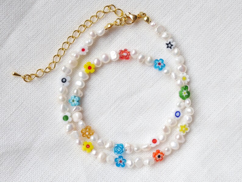 Pearl flower necklace Colorful pearl necklace Beaded white and colorful flowers necklace with floral glass beads and genuine pearls image 4