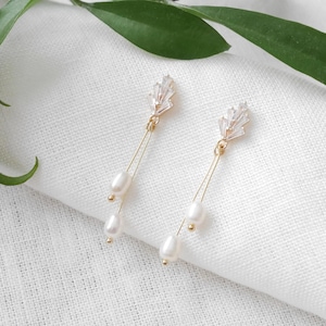 Art deco dangle earrings | Long freshwater pearl drop earring | Romantic dainty gold zircon jewelry | Vintage minimalist boho bridal wedding