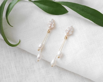 Art deco dangle earrings | Long freshwater pearl drop earring | Romantic dainty gold zircon jewelry | Vintage minimalist boho bridal wedding