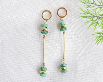 Green turquoise long dangle earrings - dainty hammered disc stud earring, thin gold bar, elegant chalcedony stone jewelry gift for her