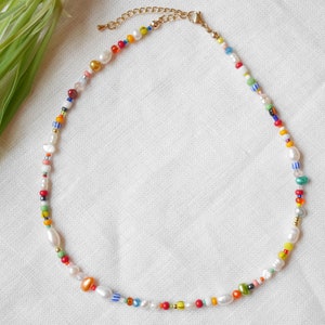 CARNIVAL mixed beads necklace Colorful beaded choker in bright colors Handmade multicolor freshwater pearl and seed bead jewelry for her image 3