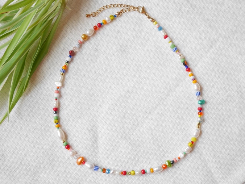 CARNIVAL mixed beads necklace Colorful beaded choker in bright colors Handmade multicolor freshwater pearl and seed bead jewelry for her image 3